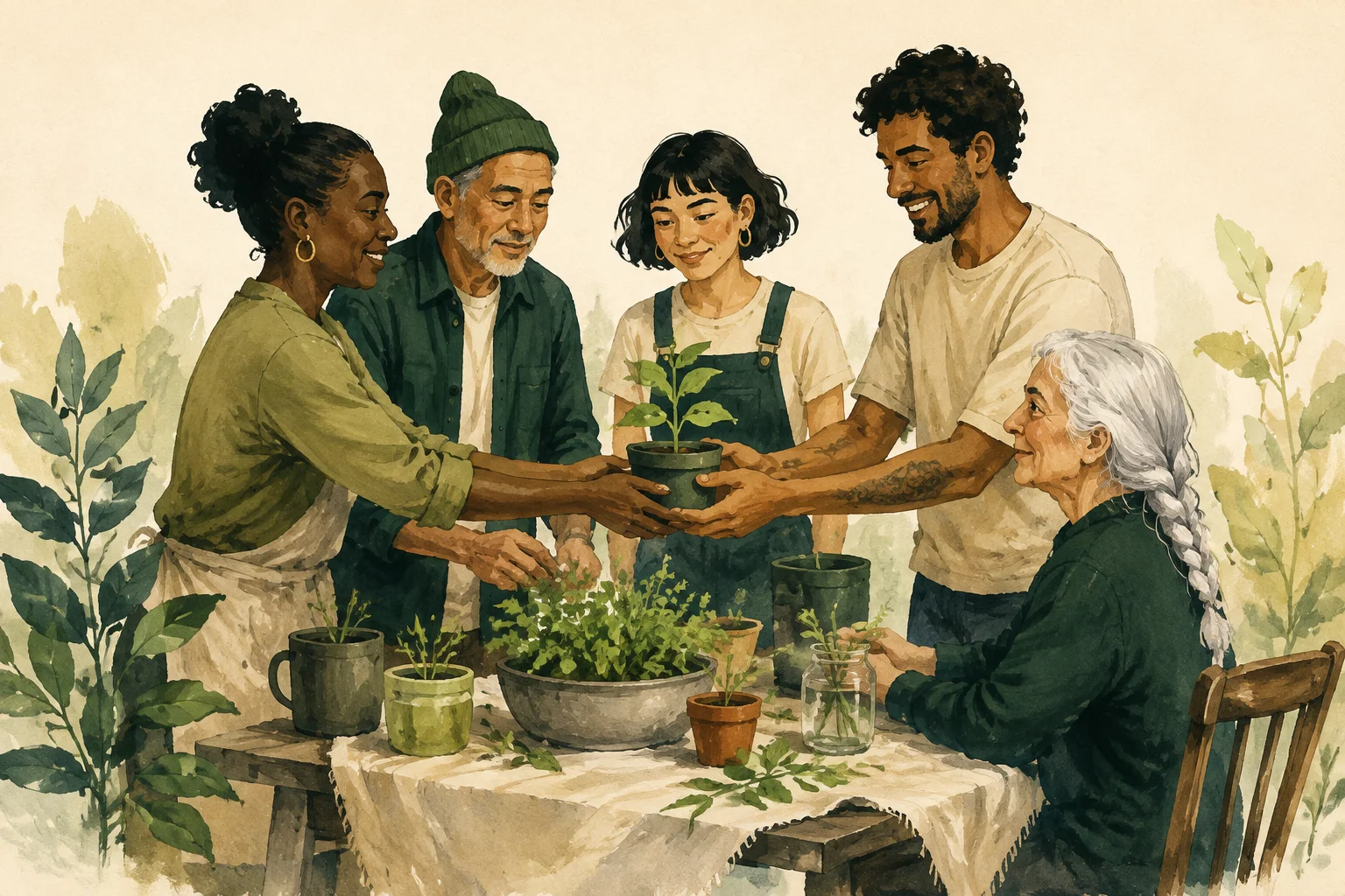 Editorial illustration of a community sharing support around a garden table